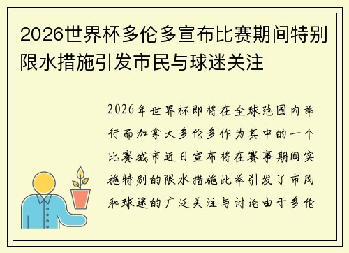 2026世界杯多伦多宣布比赛期间特别限水措施引发市民与球迷关注